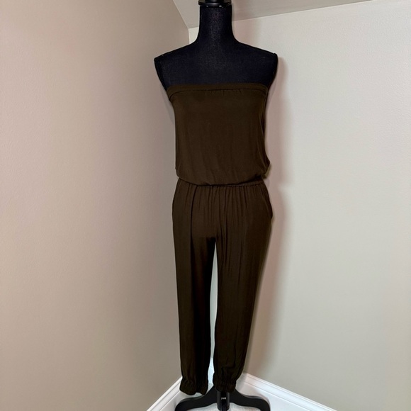 Aritzia Sunday Best Tabata Jumper Strapless Jumpsuit Olive Green Small EUC‎ - Picture 1 of 5